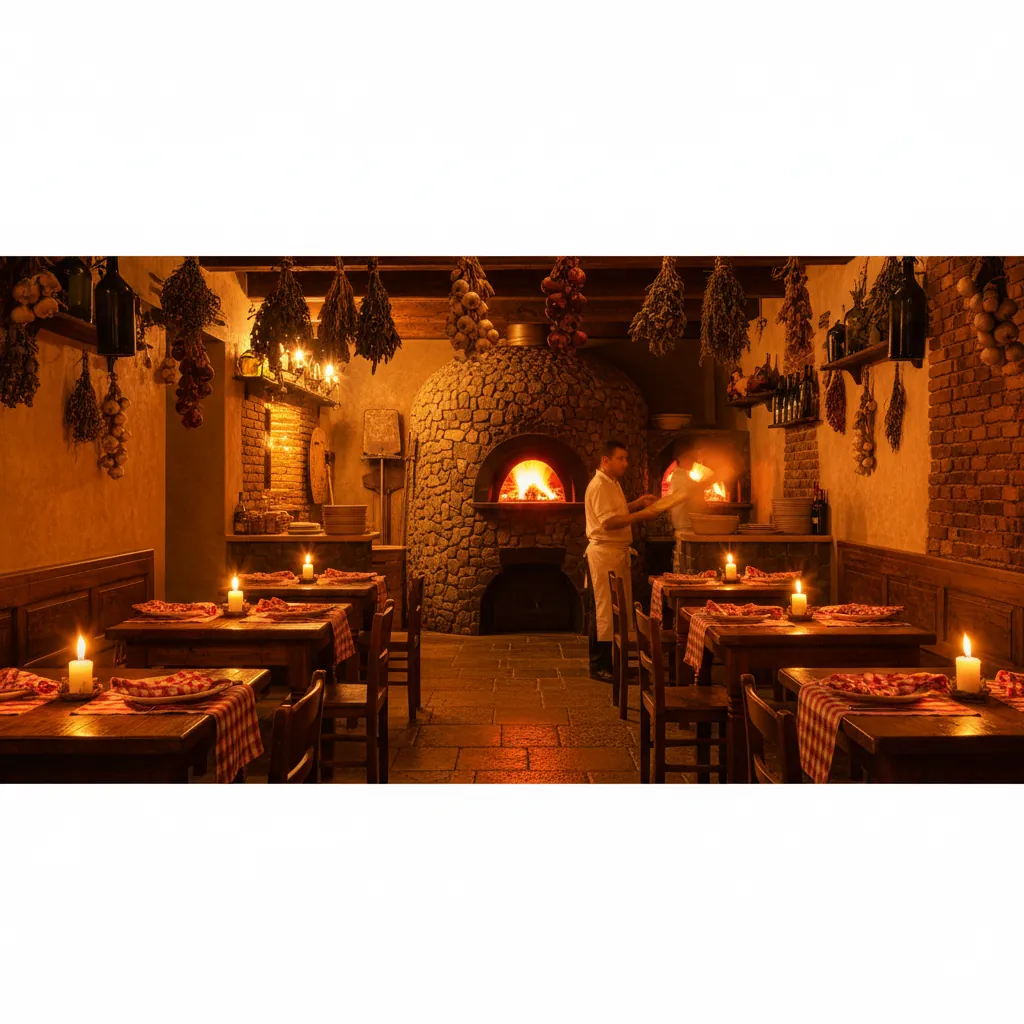 Sfeervolle interieur van Ristorante La Fontana met warme kaarsenverlichting